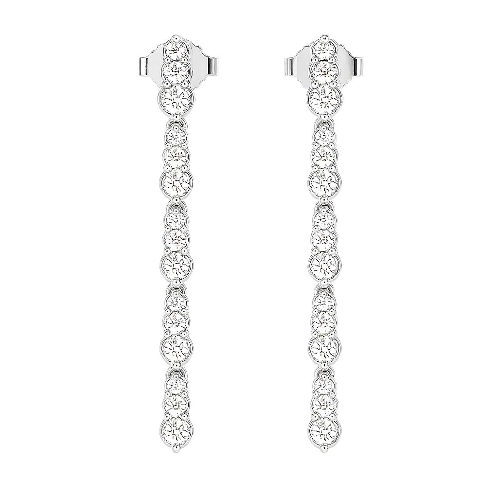 Minimalist diamond drop earrings in white gold with vertical row of 30 sustainable diamonds