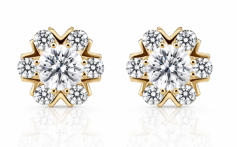 Snowflake Diamond Studs featuring a round diamond surrounded by six other diamonds with v-cut seperation in yellow gold — Waltz Diamonds