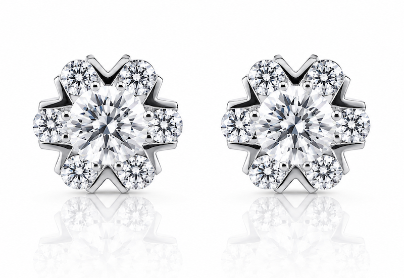Snowflake Diamond Studs featuring a round diamond surrounded by six other diamonds with v-cut seperation in white gold — Waltz Diamonds