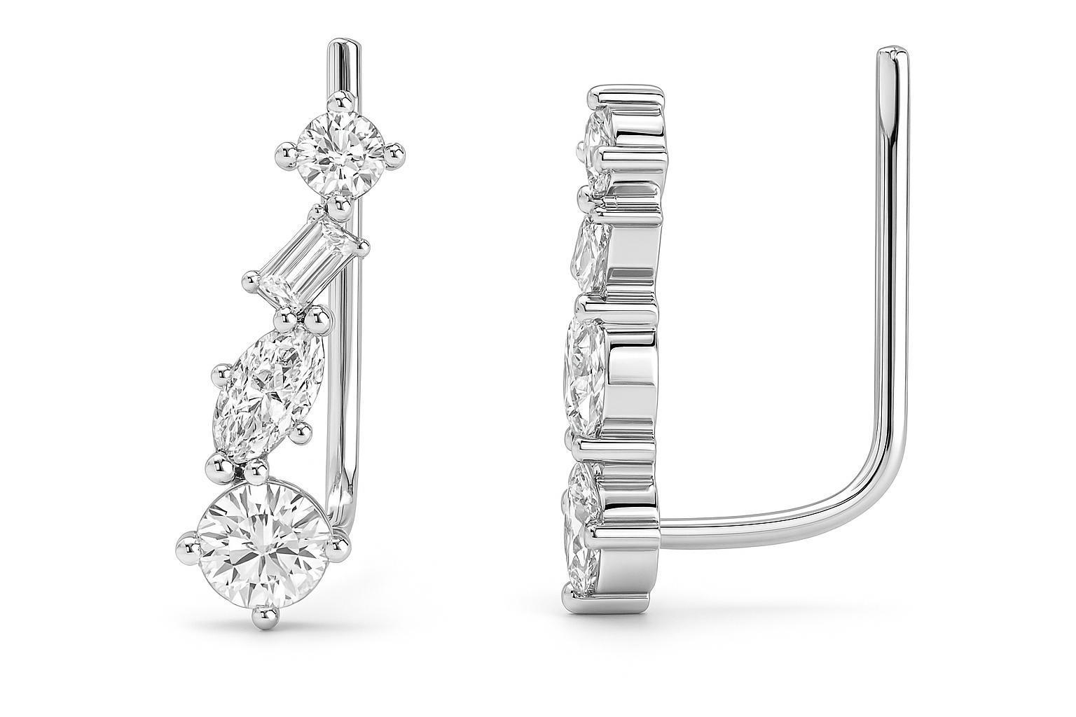 Social Climbers diamond ear climber earrings in white gold, shown from front and side