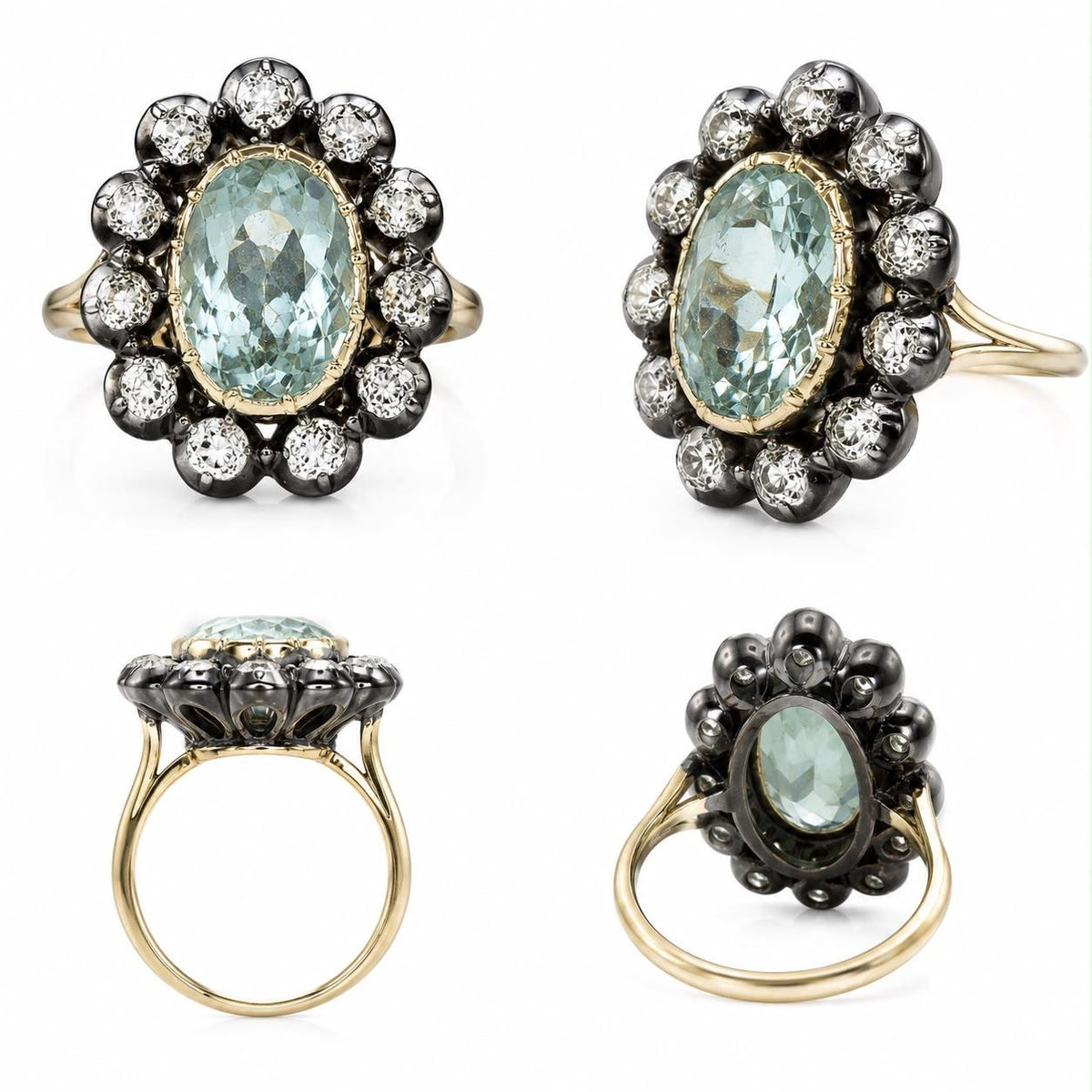 SOVEREIGN Statement Ring with green cabochon and lab diamond Georgian-inspired bezel cluster all views — Waltz Diamonds