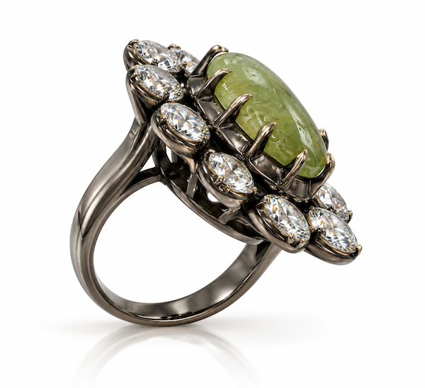 SOVEREIGN Statement Ring side view showing sculptural gallery, green cabochon and lab diamond cluster — Waltz Diamonds