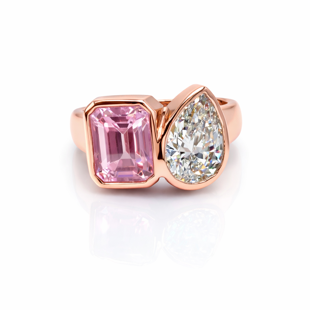Take Two Toi et Moi Ring with a pink sapphire and pear cut diamond in rose gold  — Waltz Diamonds
