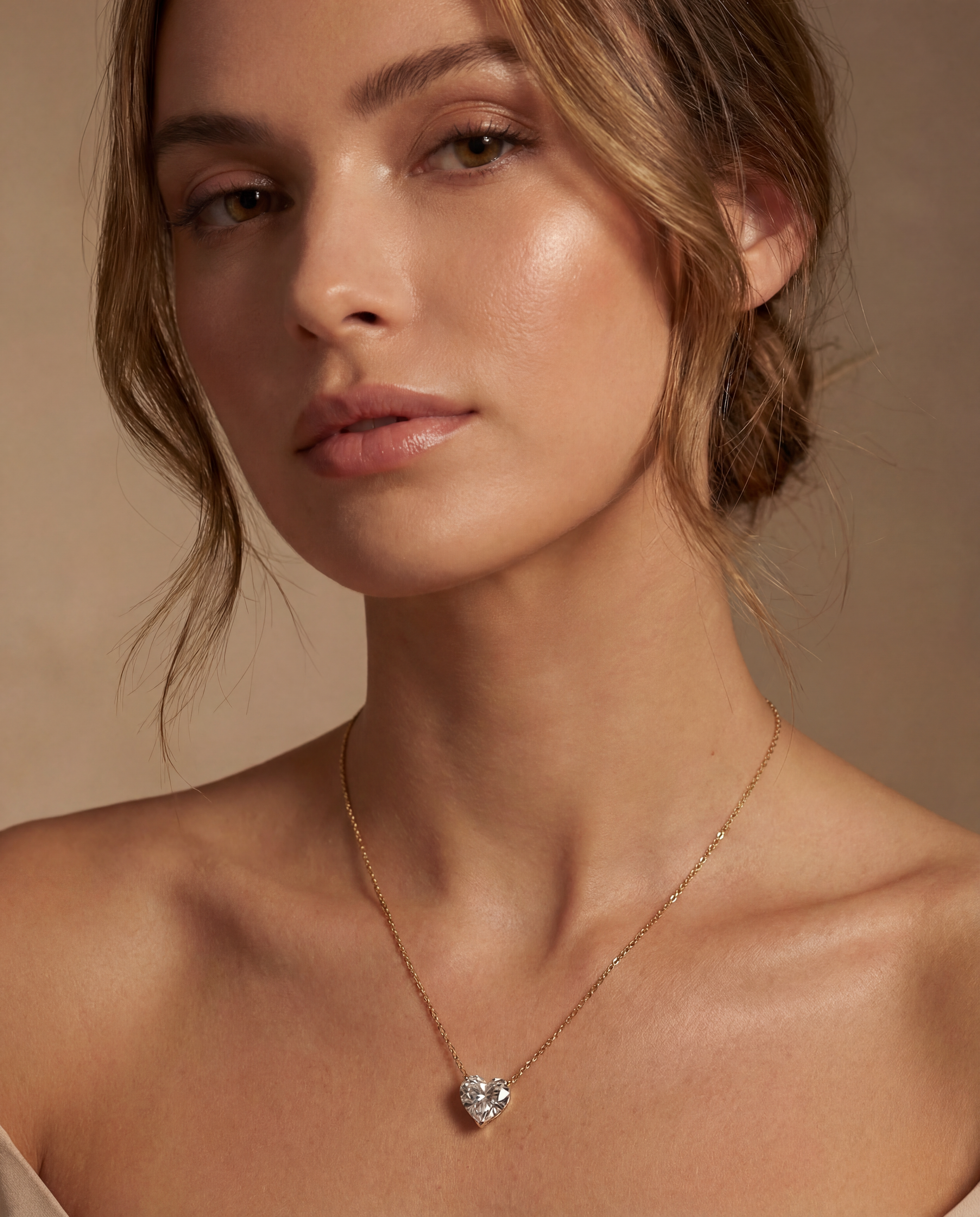 The chosen heart pendant 3 carat and yellow gold worn on model—Waltz Diamonds