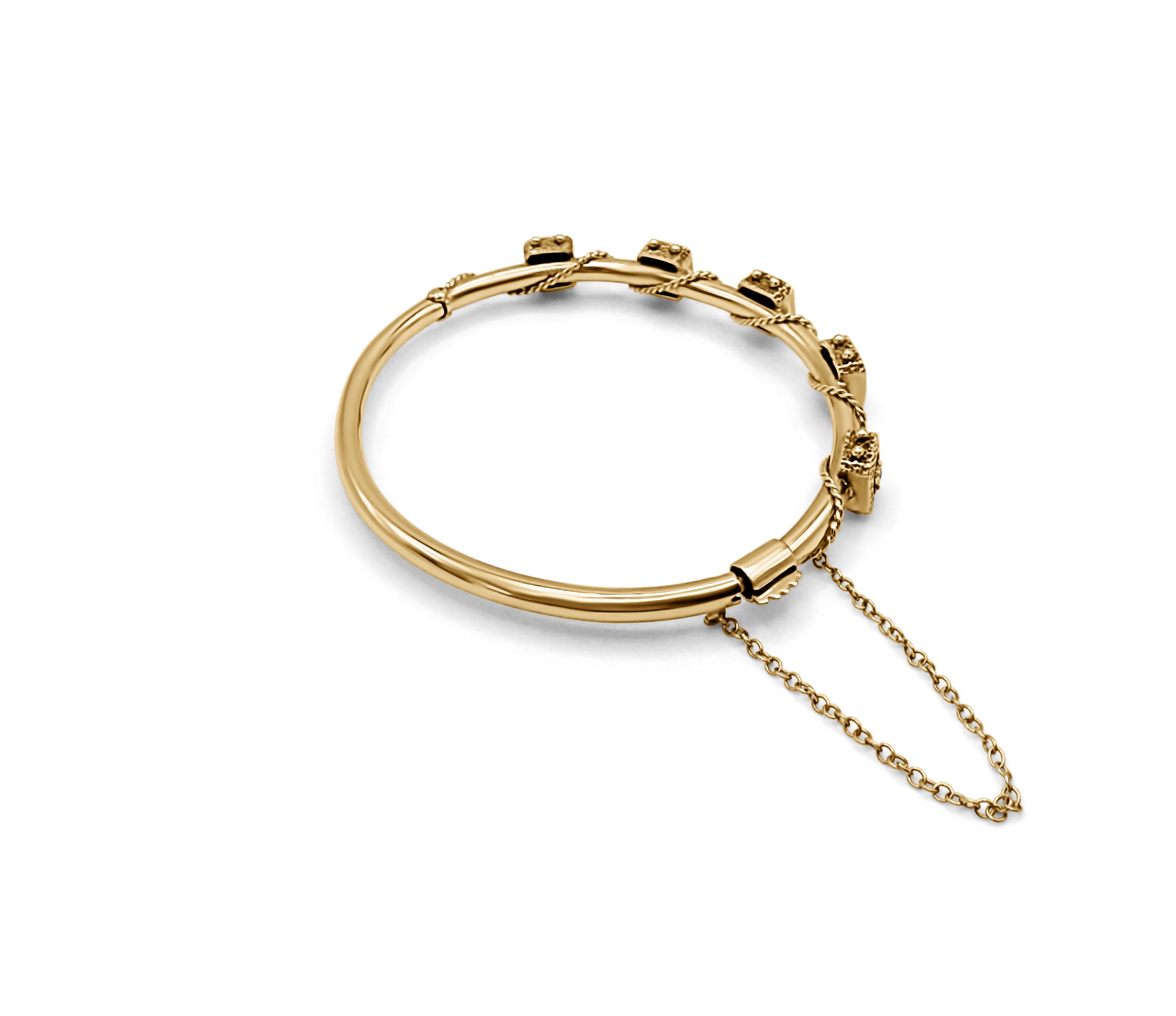 Back view of the Tied Up Antique Italian Bangle in 14k gold featuring inner vintage craftsmanship and safety chain