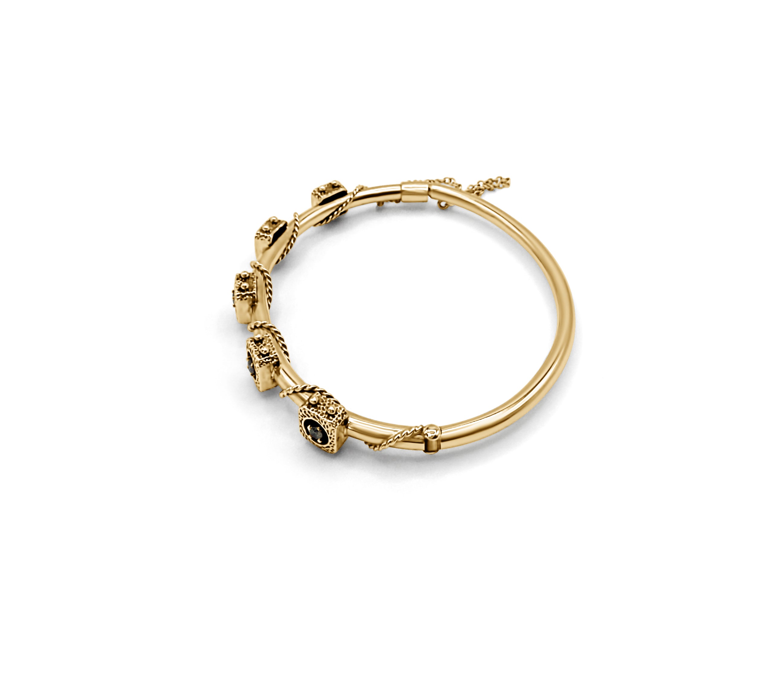 Side view of the Tied Up Antique Italian Gold Bangle with inner engravings and chain clasp details