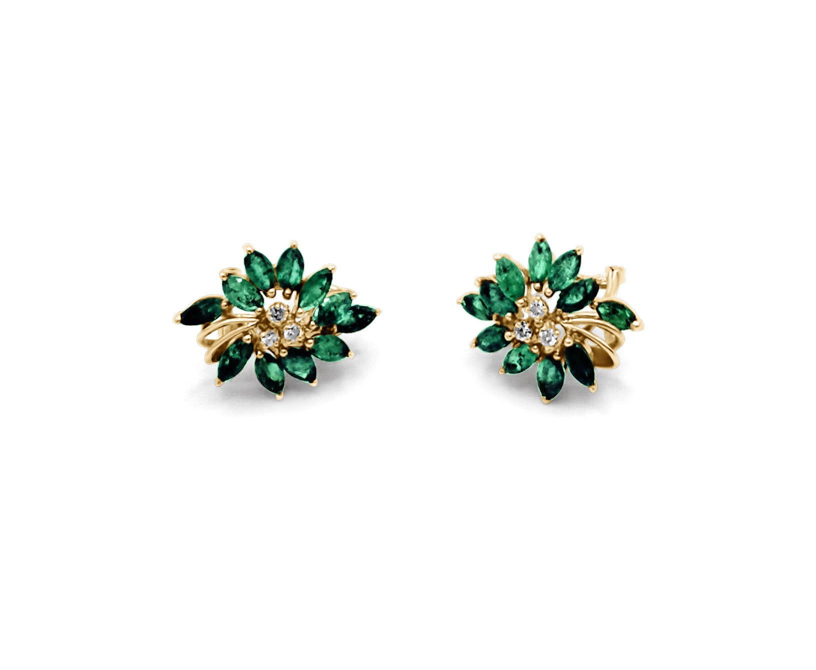 Tree Hugger emerald and diamond earrings in yellow gold, floral design shown from front view