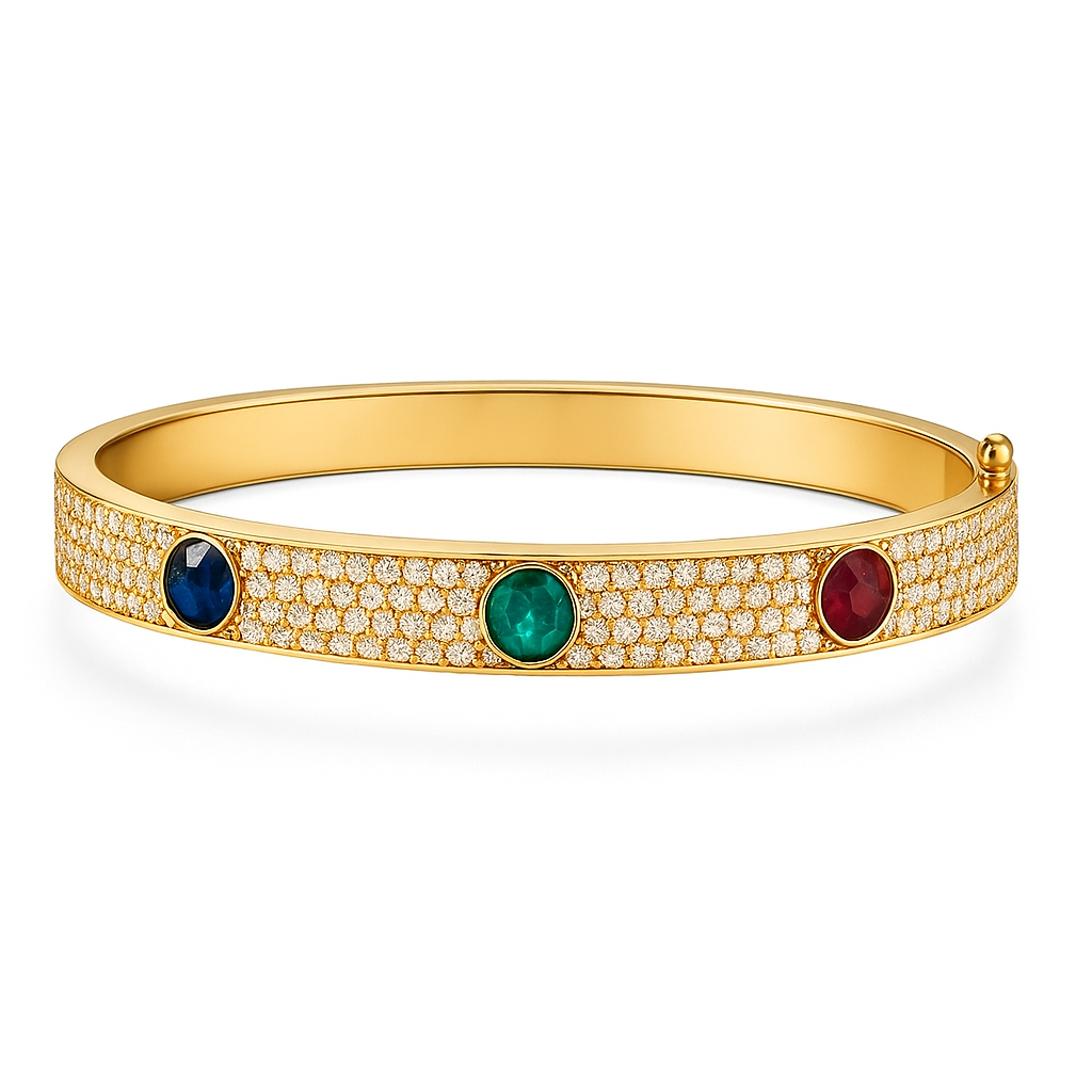 Front view of Triple Threat Pavé Bangle in 14k yellow gold with three round multi colored stones and pavé detail