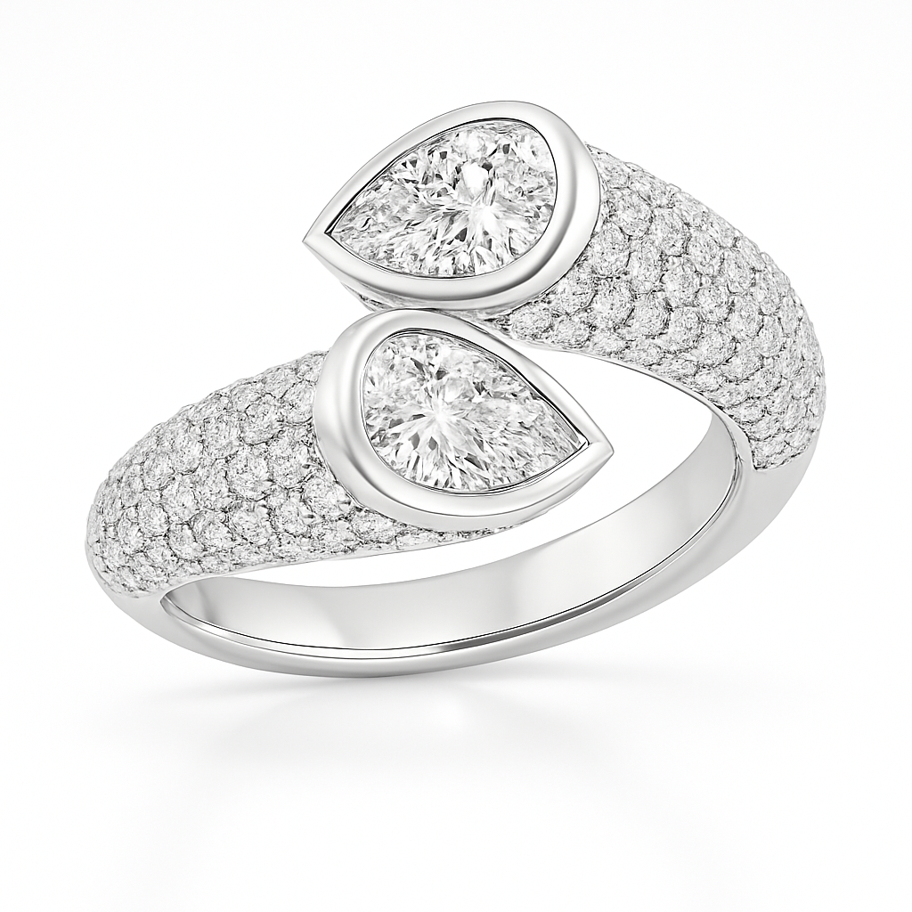 Twin Flame Bypass Ring in 14k white gold, front angle showcasing twin diamonds