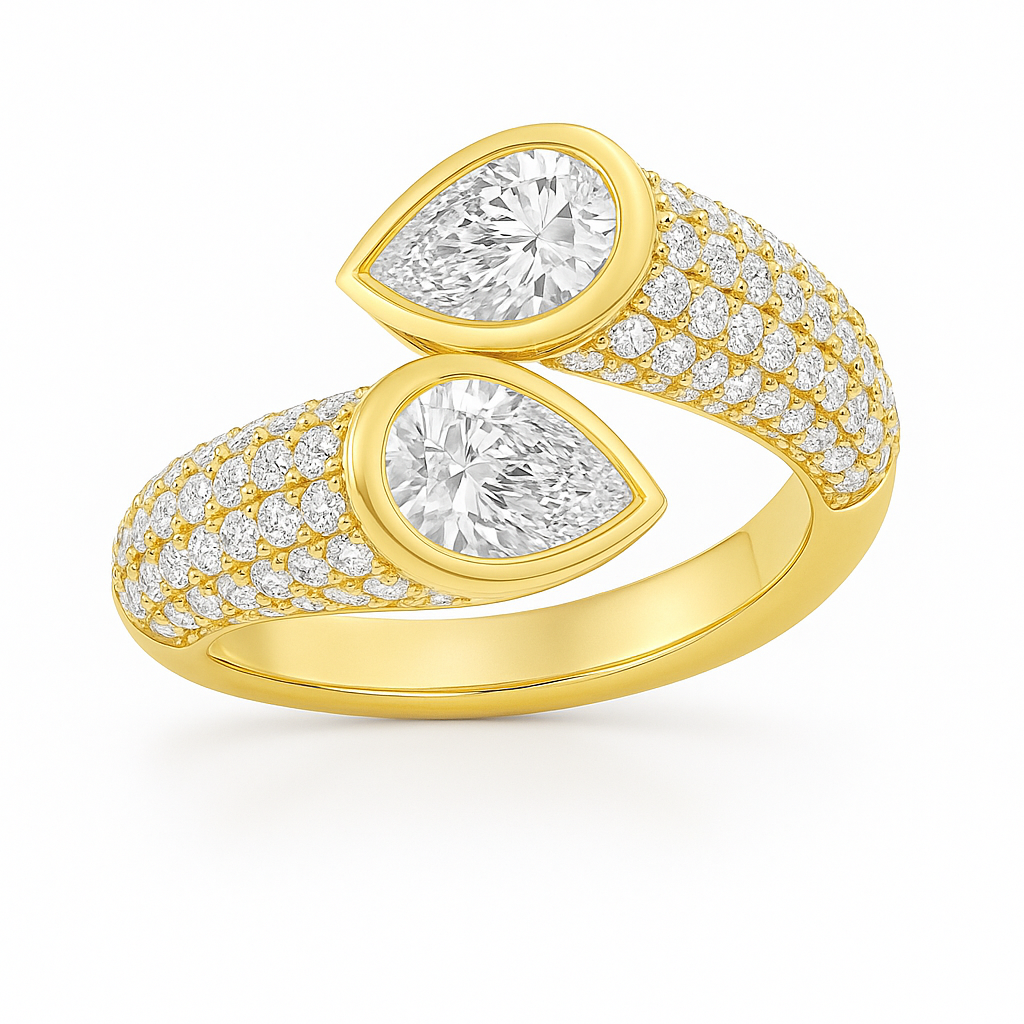 Twin Flame Bypass Ring in 14k yellow gold with twin pear-shaped diamonds, front view