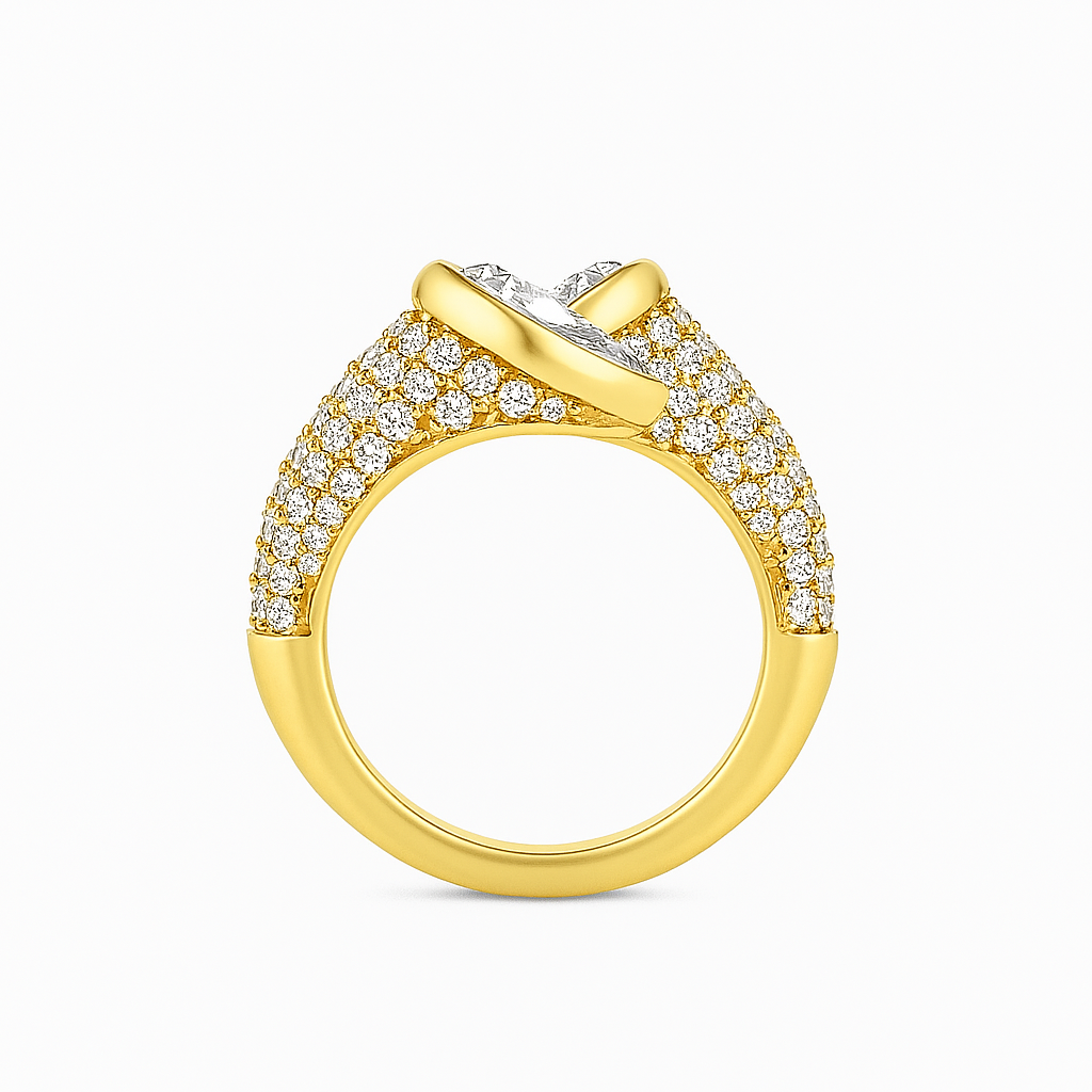 Complete side profile of Twin Flame Bypass Ring in yellow gold showing full ring curve