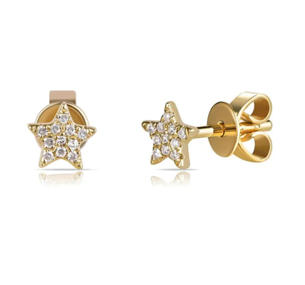 Twinkle star stud earrings in yellow gold, product shot showing front and side view

