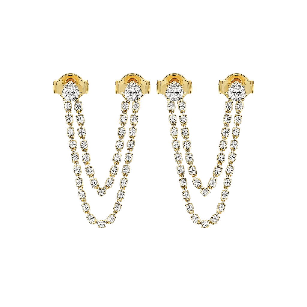 Two Step diamond drop earrings in yellow gold, front product view showcasing twin piercing design