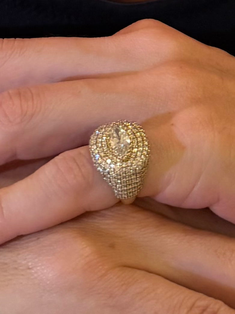 Watch Me signet ring with marquise cut center stone in yellow gold worn on pinky — Waltz Diamonds
