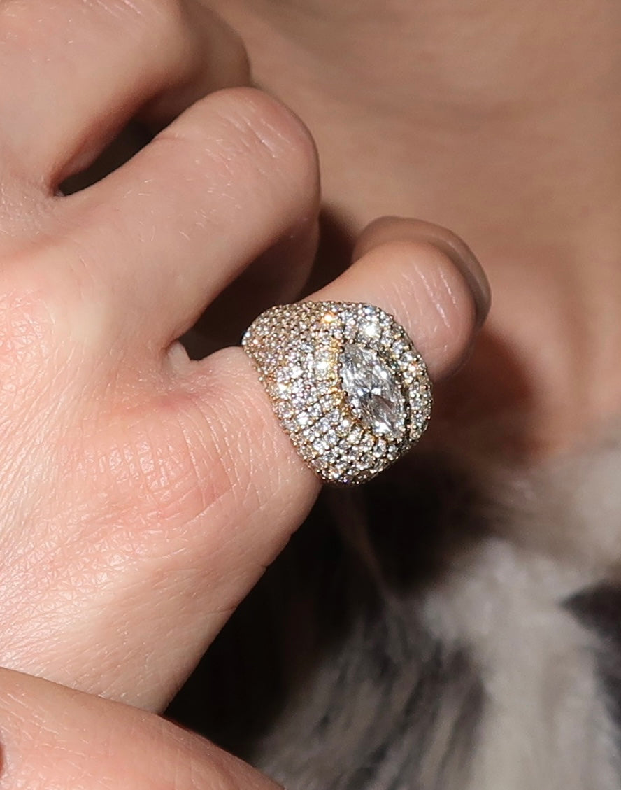 Watch Me signet ring with marquise cut center stone in yellow gold worn on pinky — Waltz Diamonds