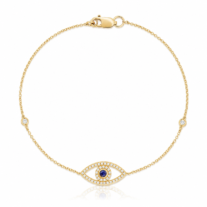 Watchful eye evil eye bracelet with blue center stone 14k yellow gold— Waltz Diamonds
