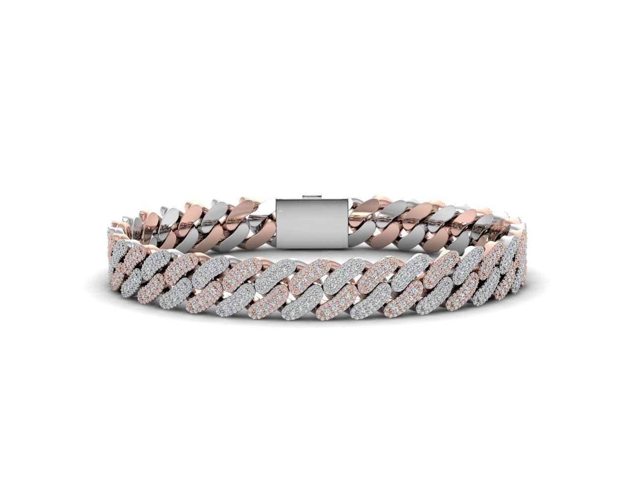 Pavé diamond Cuban bracelet in white and rose 14k gold with white gold clasp
