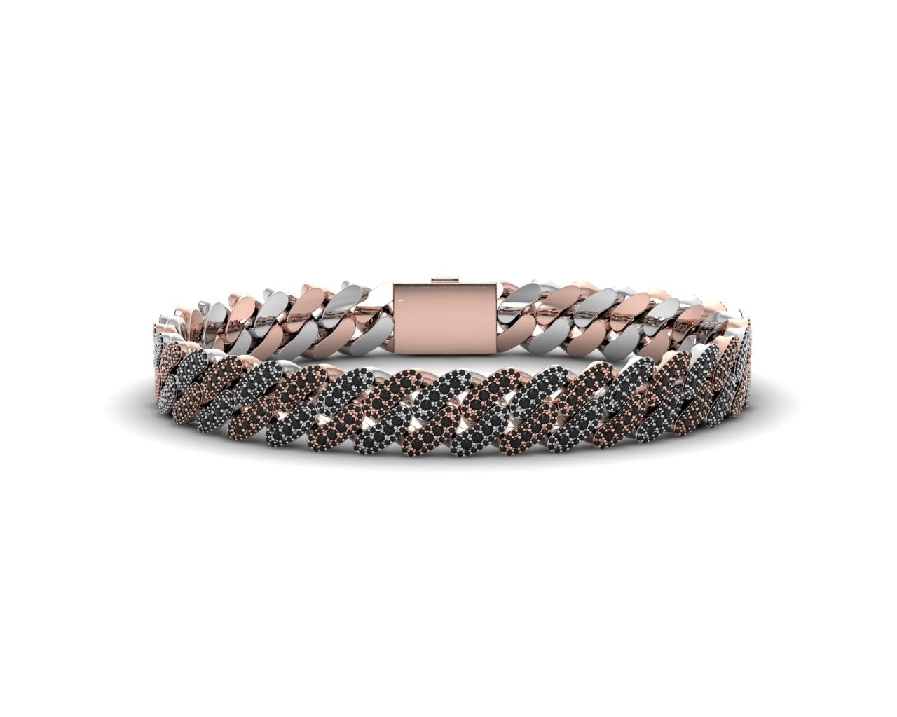 White and rose 14k gold Cuban link bracelet with black onyx stones and rose gold clasp