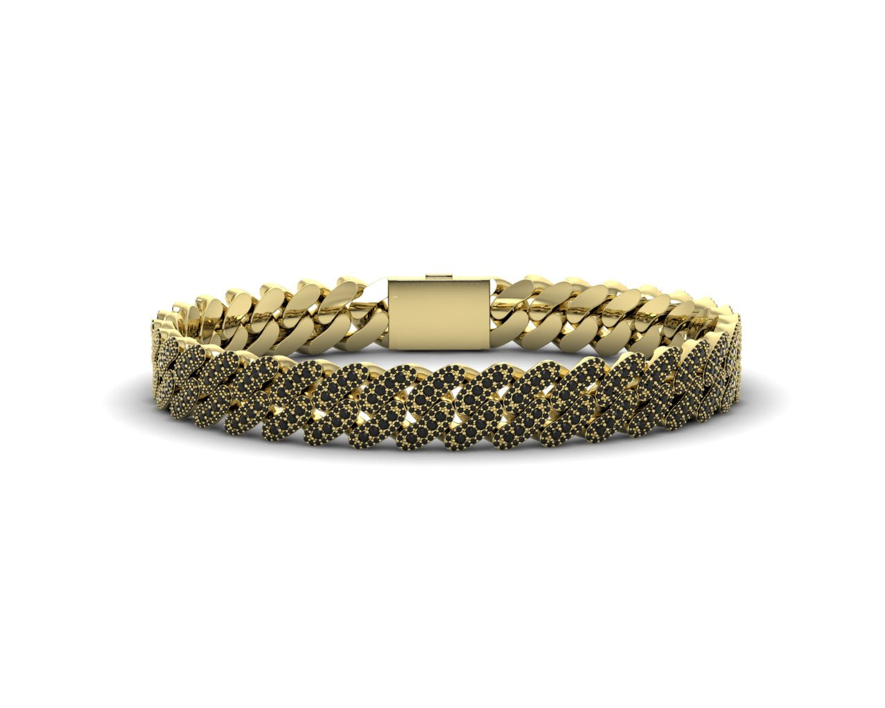 Yellow gold 14k Cuban link bracelet with polished black onyx stones