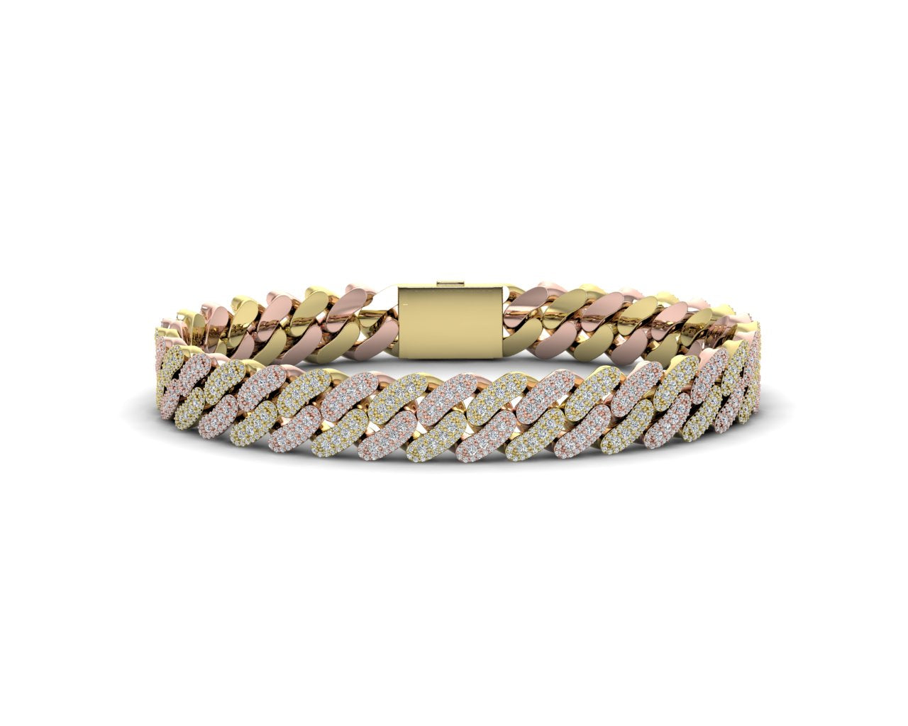 Two-tone diamond Cuban link bracelet in yellow and rose 14k gold with yellow gold clasp
