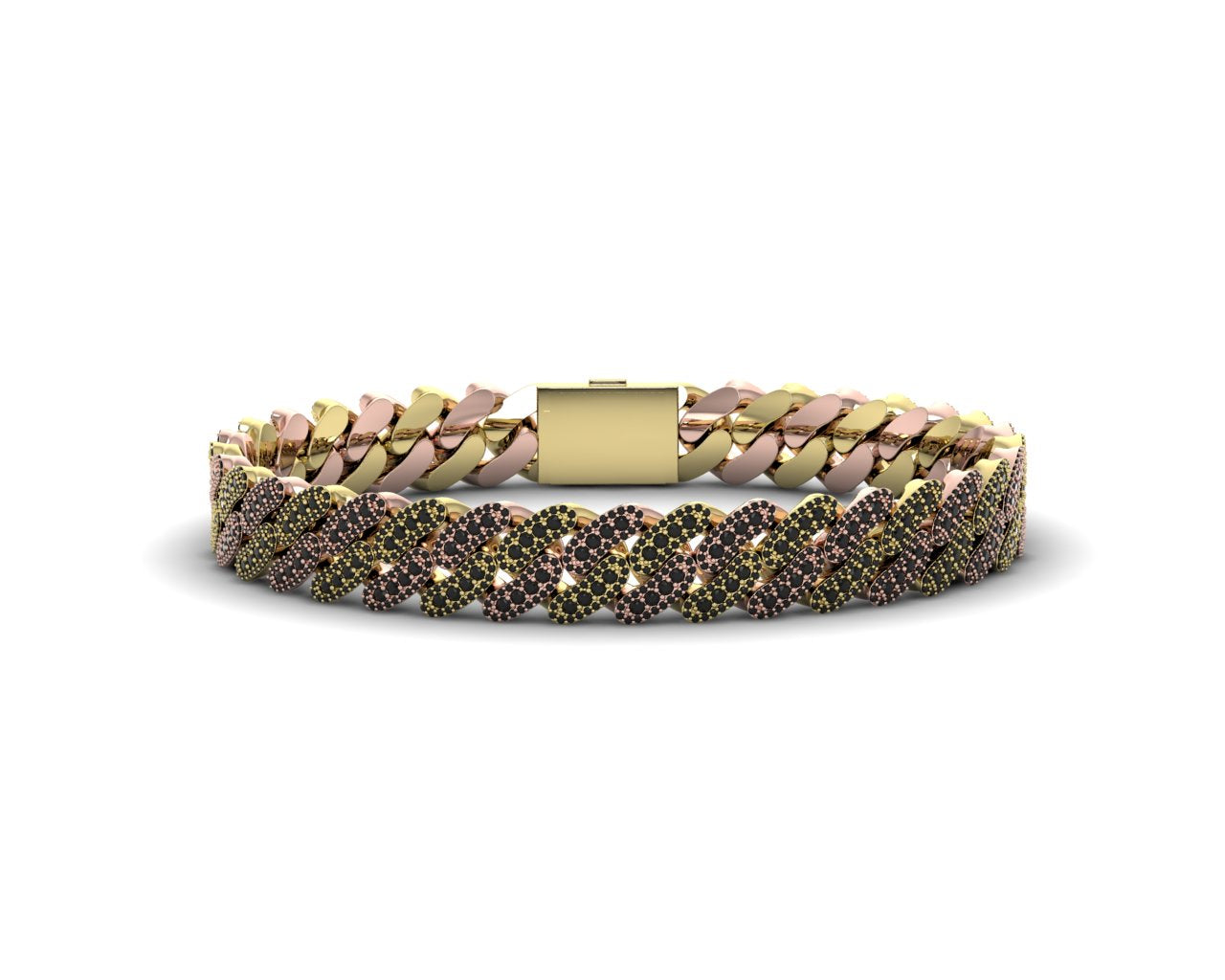 Cuban bracelet in yellow and rose 14k gold featuring sleek onyx stones and yellow gold clasp