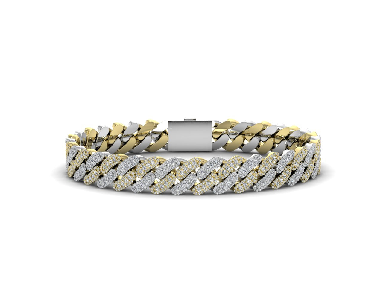 Two-tone Cuban bracelet in yellow and white 14k gold with pavé diamonds and white gold clasp