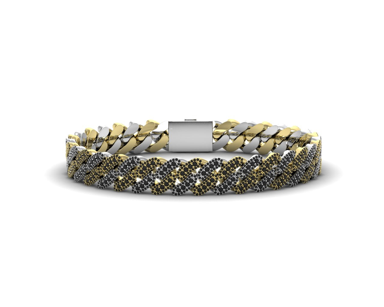 Cuban bracelet in yellow and white 14k gold with glossy onyx stones and white gold clasp